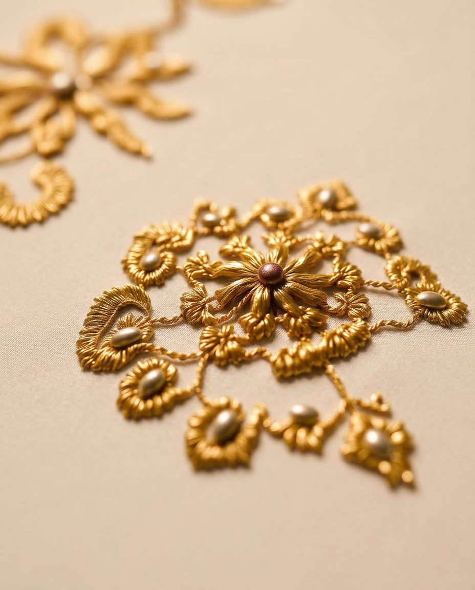 Close-up of gold embroidery on handloom cotton